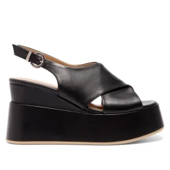Glorioso Black Leather Wedge Platform Sandals