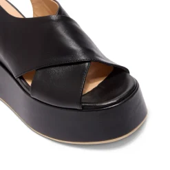 Glorioso Black Leather Wedge Platform Sandals