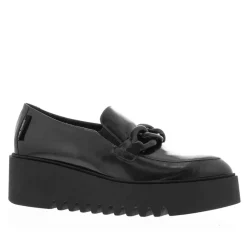 Lizi Black Leather Chain Wedge Loafers