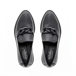 Lizi Black Leather Chain Wedge Loafers