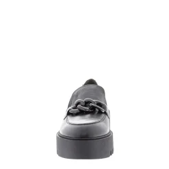 Lizi Black Leather Chain Wedge Loafers