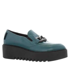 Lizi Teal Leather Chain Wedge Loafers